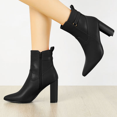 Belt Decor Zipper Pointed Toe Chunky High Heel Ankle Boots