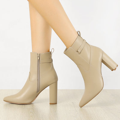 Belt Decor Zipper Pointed Toe Chunky High Heel Ankle Boots