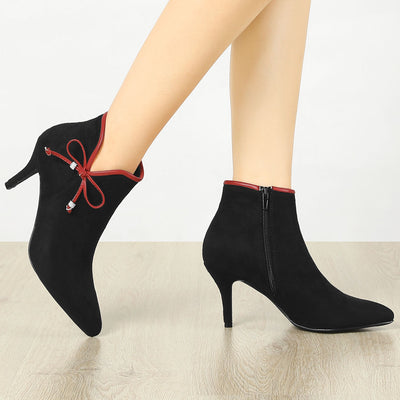 Suede Bow Decor Pointed Toe Stiletto Heel Ankle Boots