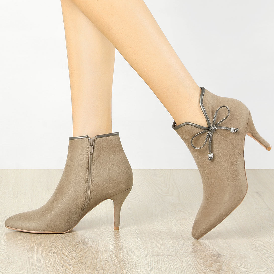 Allegra K Suede Bow Decor Pointed Toe Stiletto Heel Ankle Boots