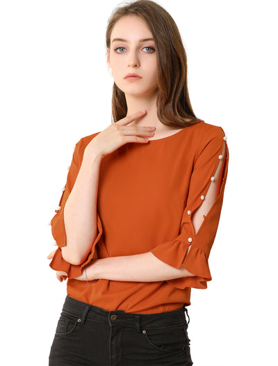 Ruffle Half Sleeve Keyhole Casual Tops Button Solid Blouse Top