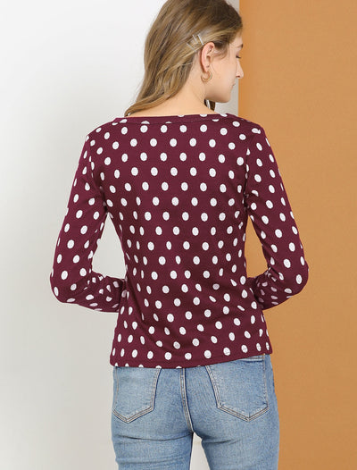 Cotton Slim Scoop Neck Stretchy Long Sleeve Polka Dots Sweater