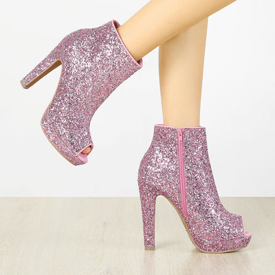 Glitter Platform Chunky Heel Open Toe Heel Ankle Boots