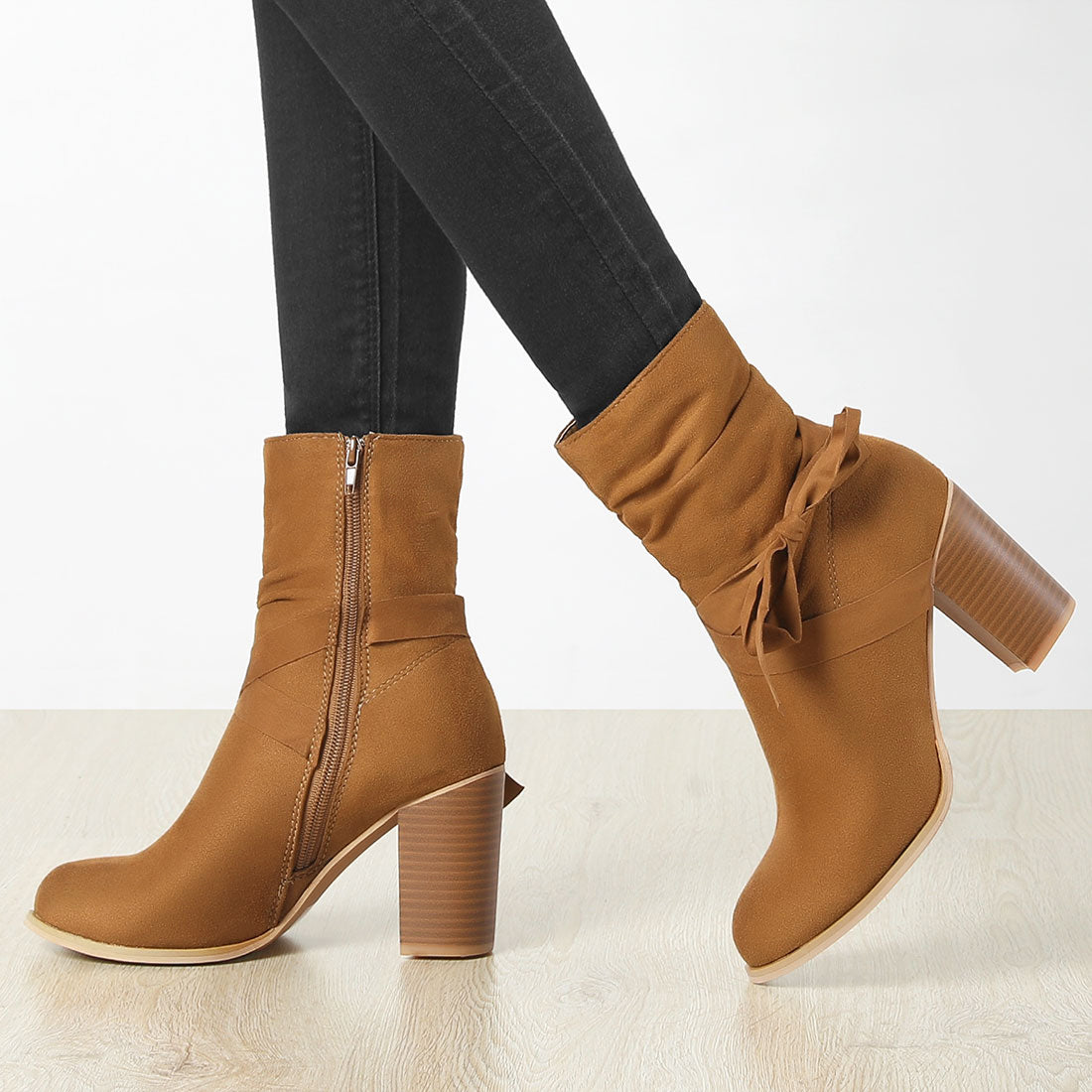 Allegra K Faux Suede Round Toe Slouchy Chunky Heel Ankle Boots