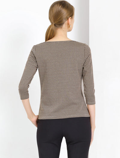 Work Office 3/4 Sleeve Boat Neck Houndstooth Printed Top Blouse