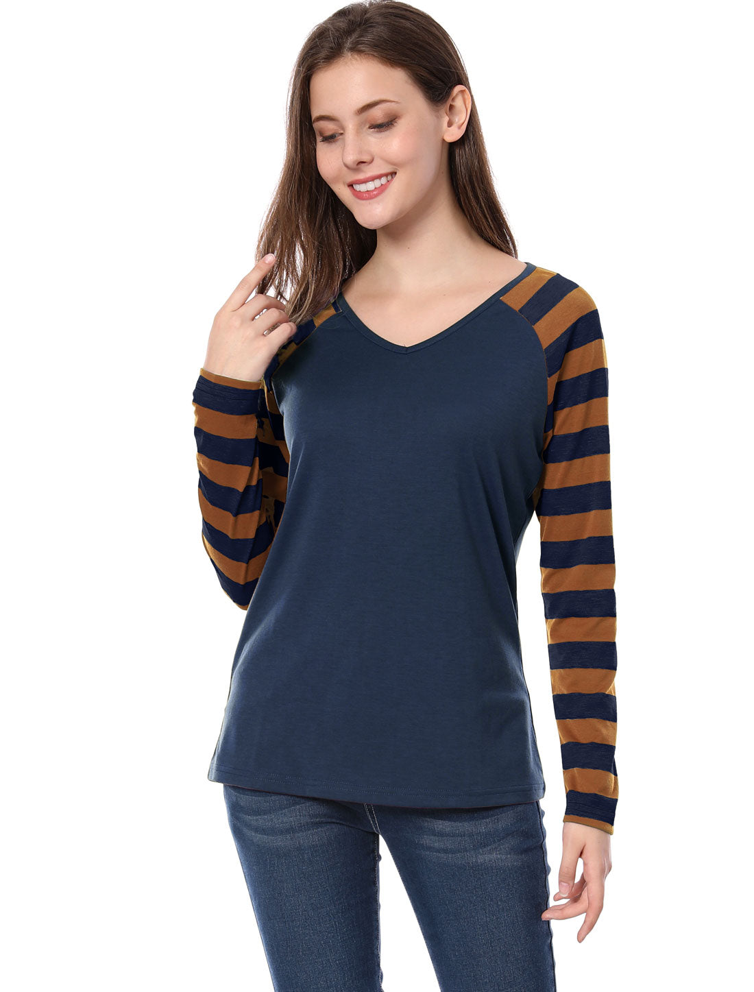 Allegra K Striped Color Block Long Raglan Sleeve V Neck Baseball T-Shirt