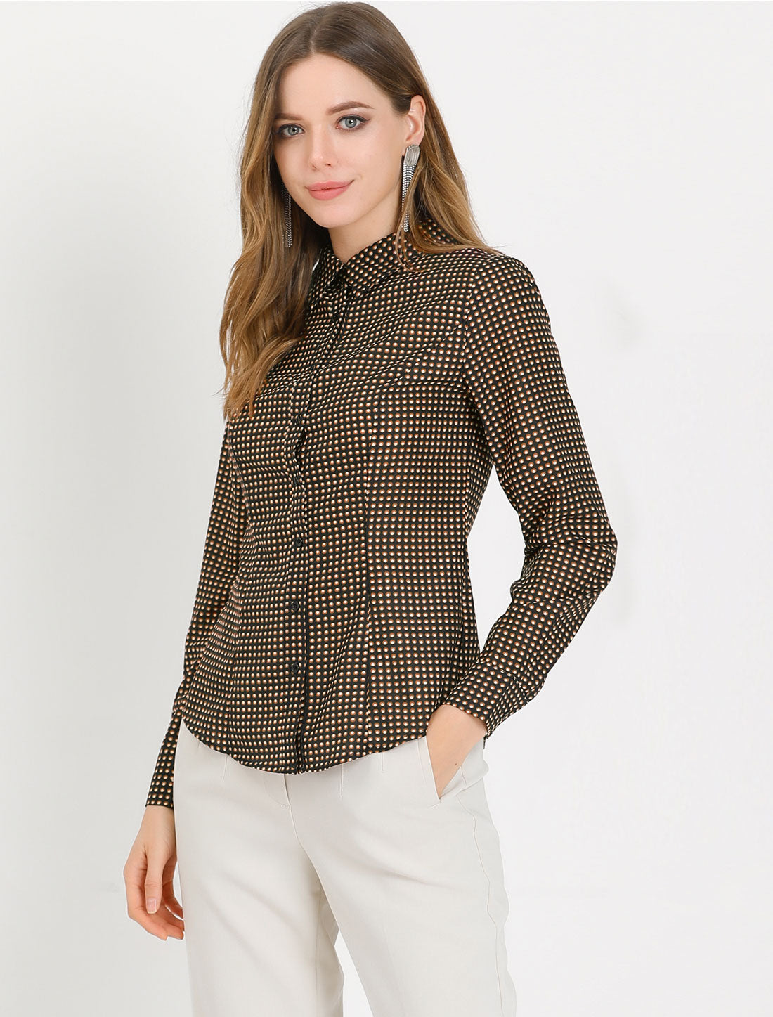 Allegra K Office Work Point Collar Polka Dots Printed Blouse Button Down Shirt
