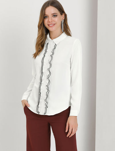 Elegant Ruffle Contrast Button Down Collar Work Shirt Blouse