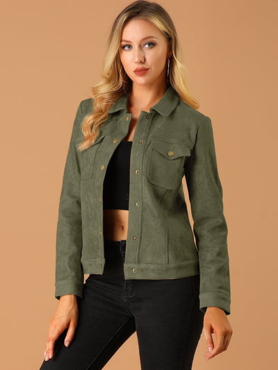Turn-Down Collar Flap Pocket Snap Button Faux Suede Jacket