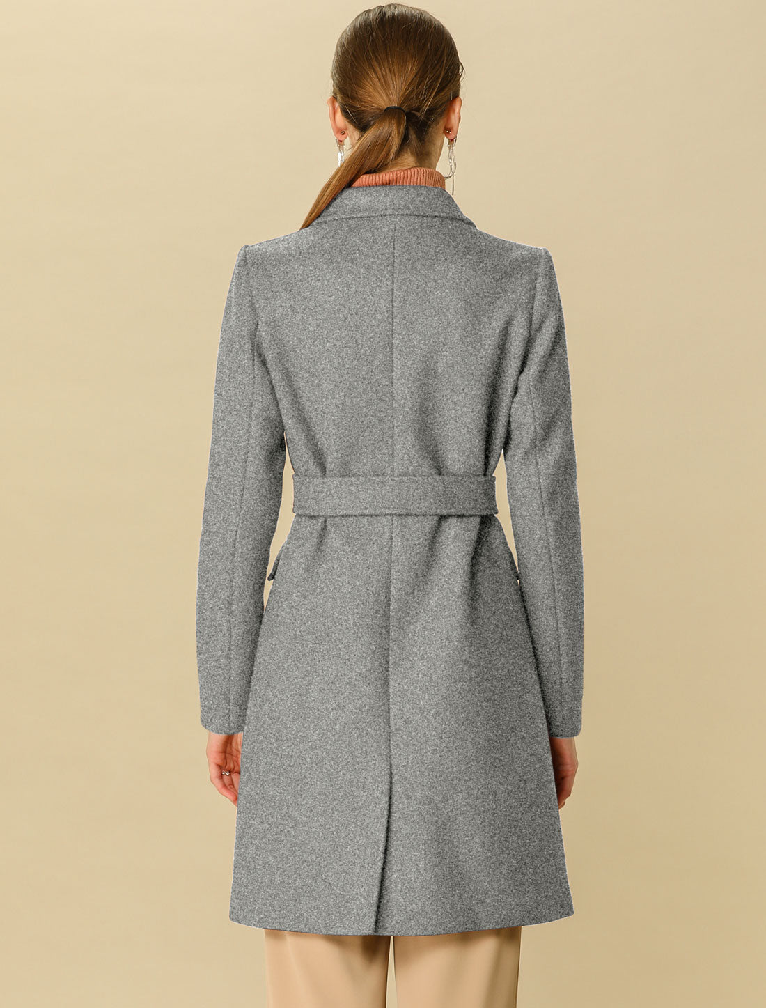 Allegra K Notch Lapel Double Breasted Belted Mid Long Outwear Winter Coat