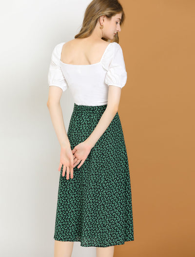 Floral Midi Peasant Elastic Waist A-Line Ditsy Leave Print Skirt