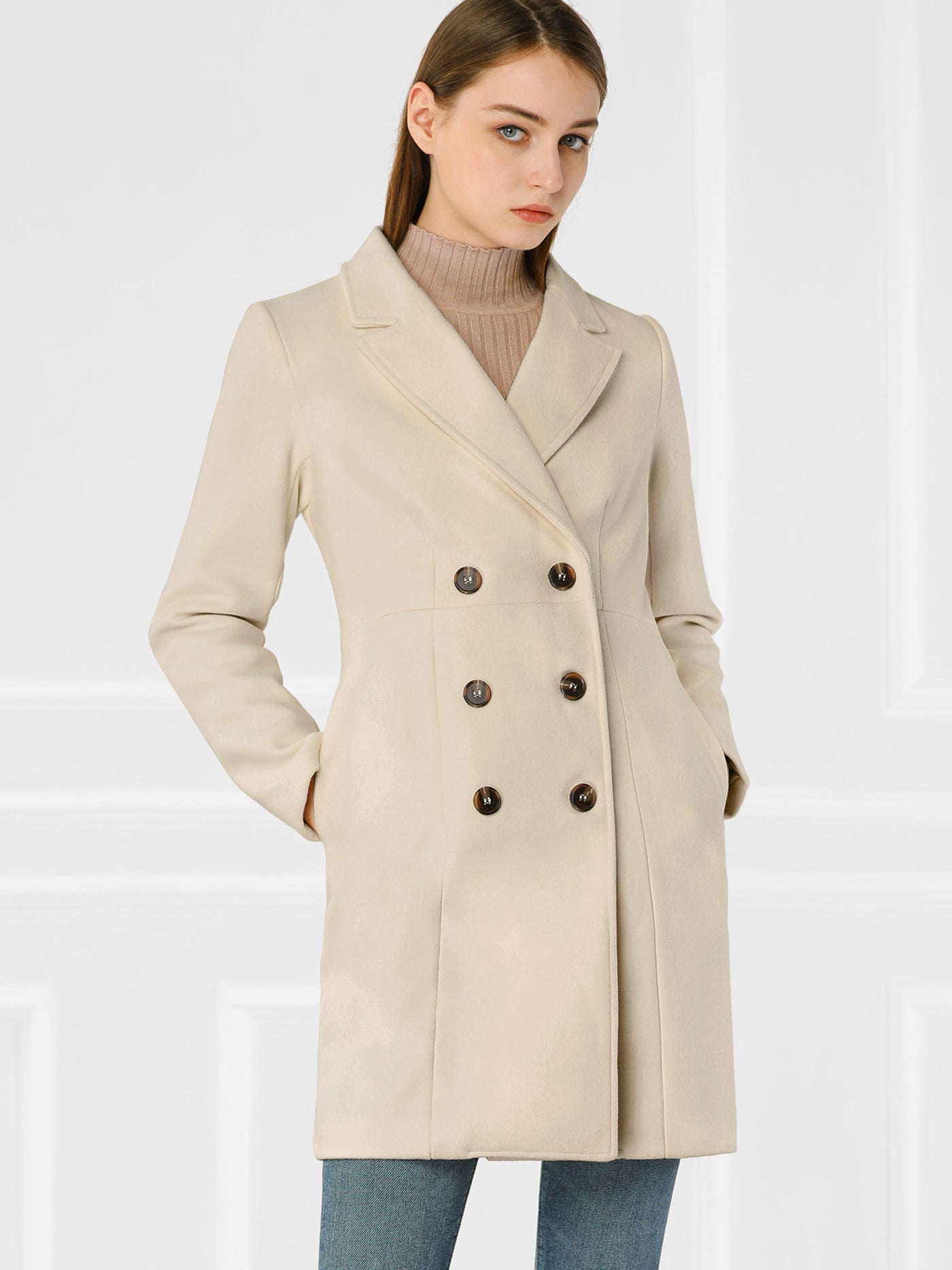 Allegra K Notched Lapel Double Breasted Outwear Winter Long Coat