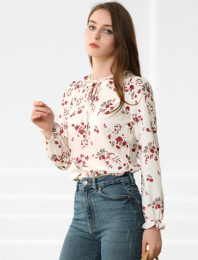 Allegra K Floral Tie Neck Long Sleeve Frilly Trim Keyhole Casual Chiffon Blouse
