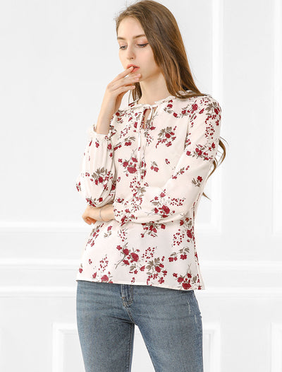 Floral Tie Neck Long Sleeve Frilly Trim Keyhole Casual Chiffon Blouse