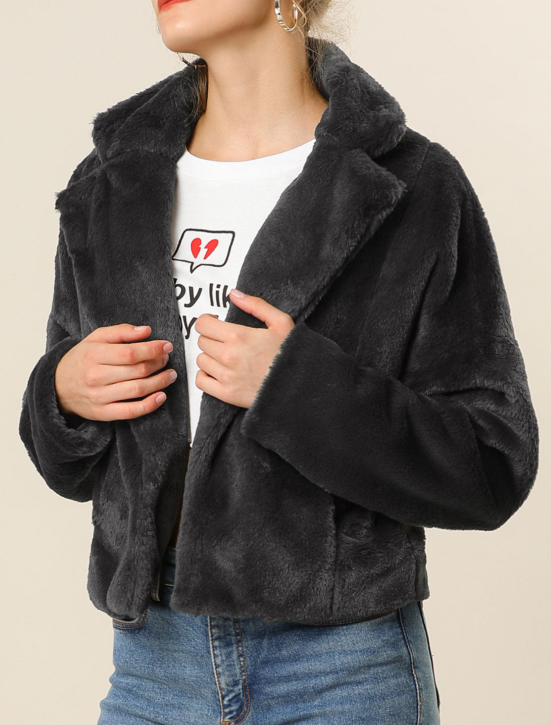 Allegra K Allegra K Cropped Jacket Notch Lapel Faux Fur Fluffy Coat