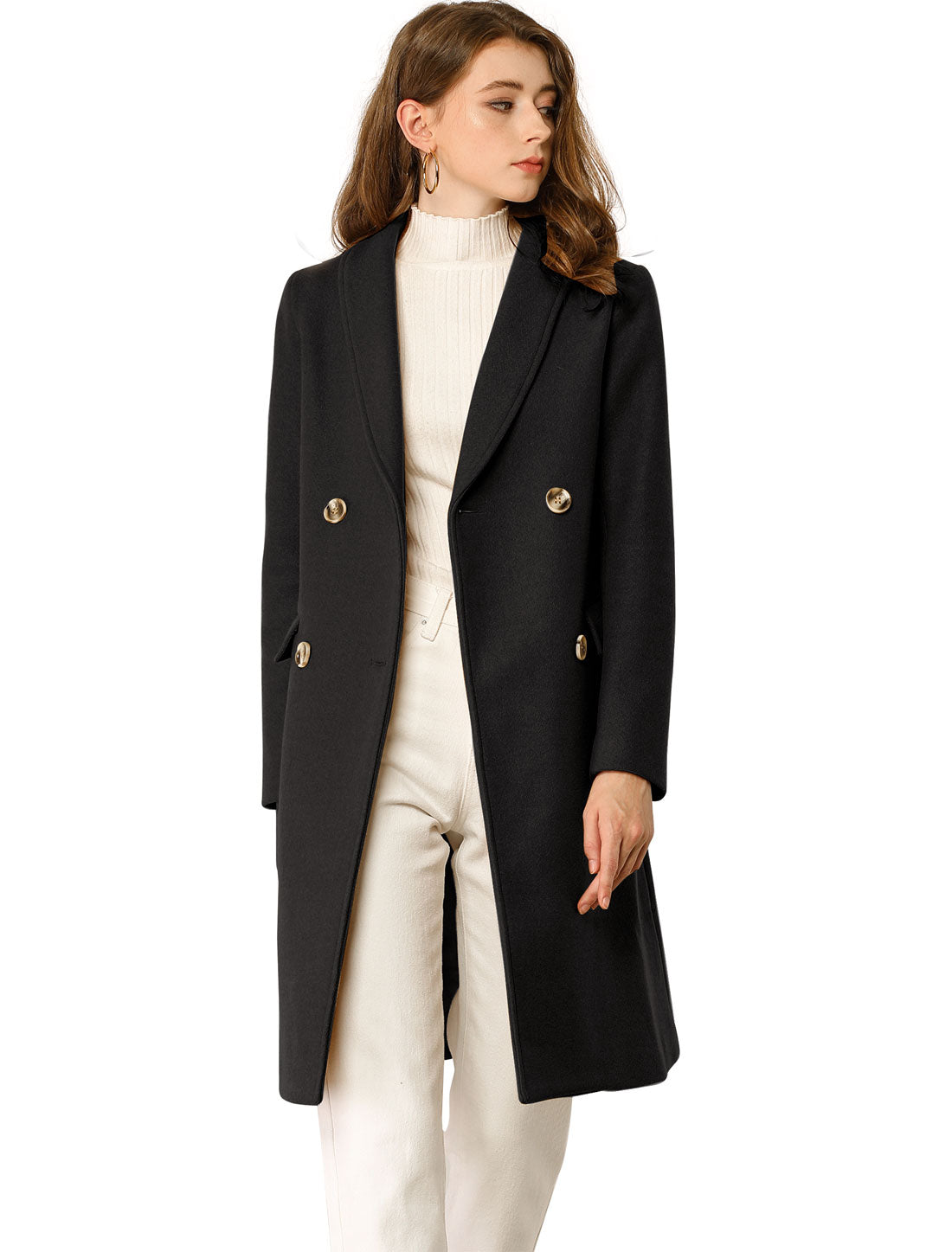 Allegra K Double Breasted Shawl Collar Chevron Belted Long Winter Coat