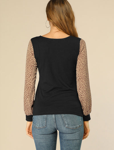Casual Leopard Print V Neck Patchwork Long Sleeve Tops T-Shirt