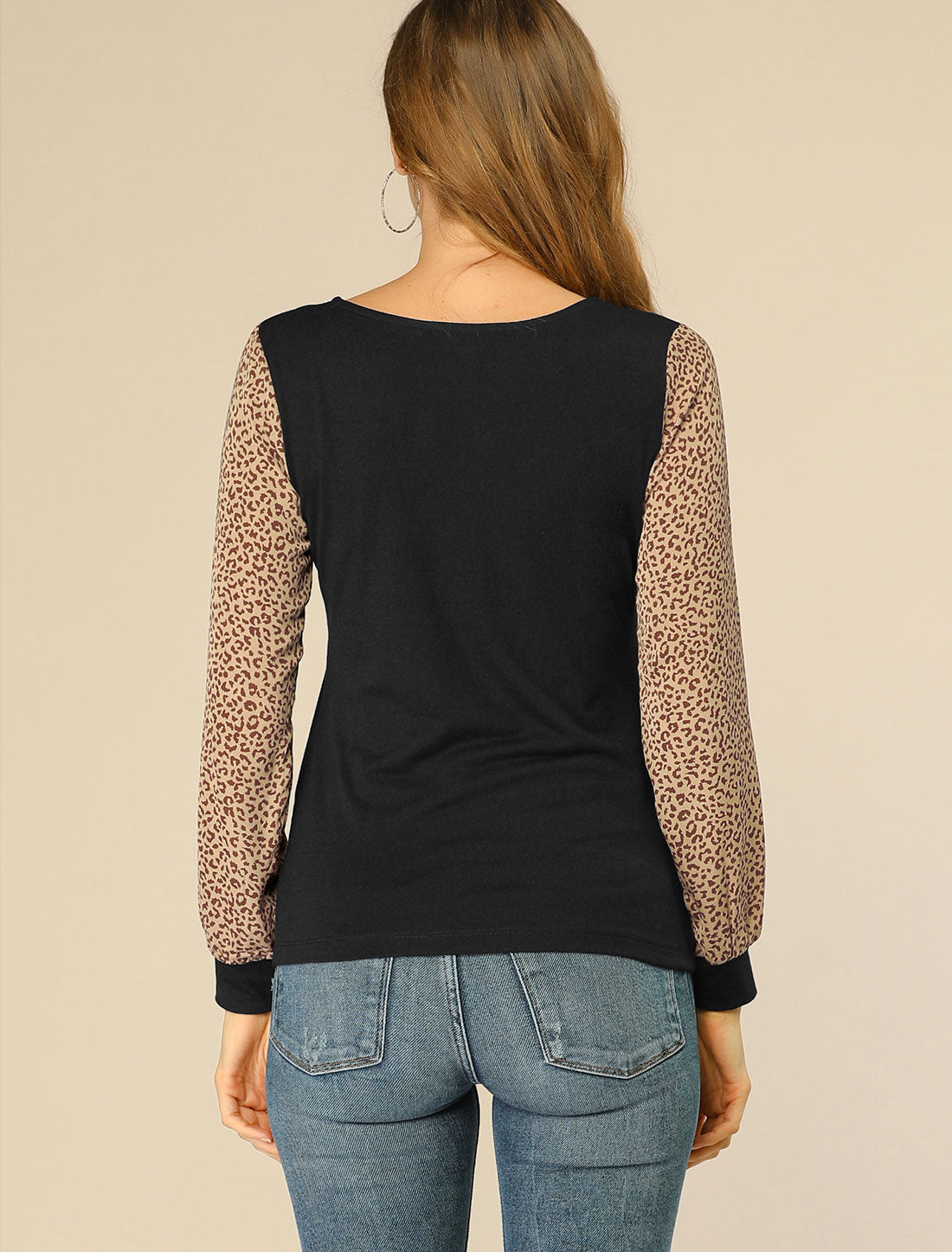 Allegra K Casual Leopard Print V Neck Patchwork Long Sleeve Tops T-Shirt