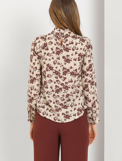 Ruffle Stand Collar Floral Print Long Sleeve Blouse Top