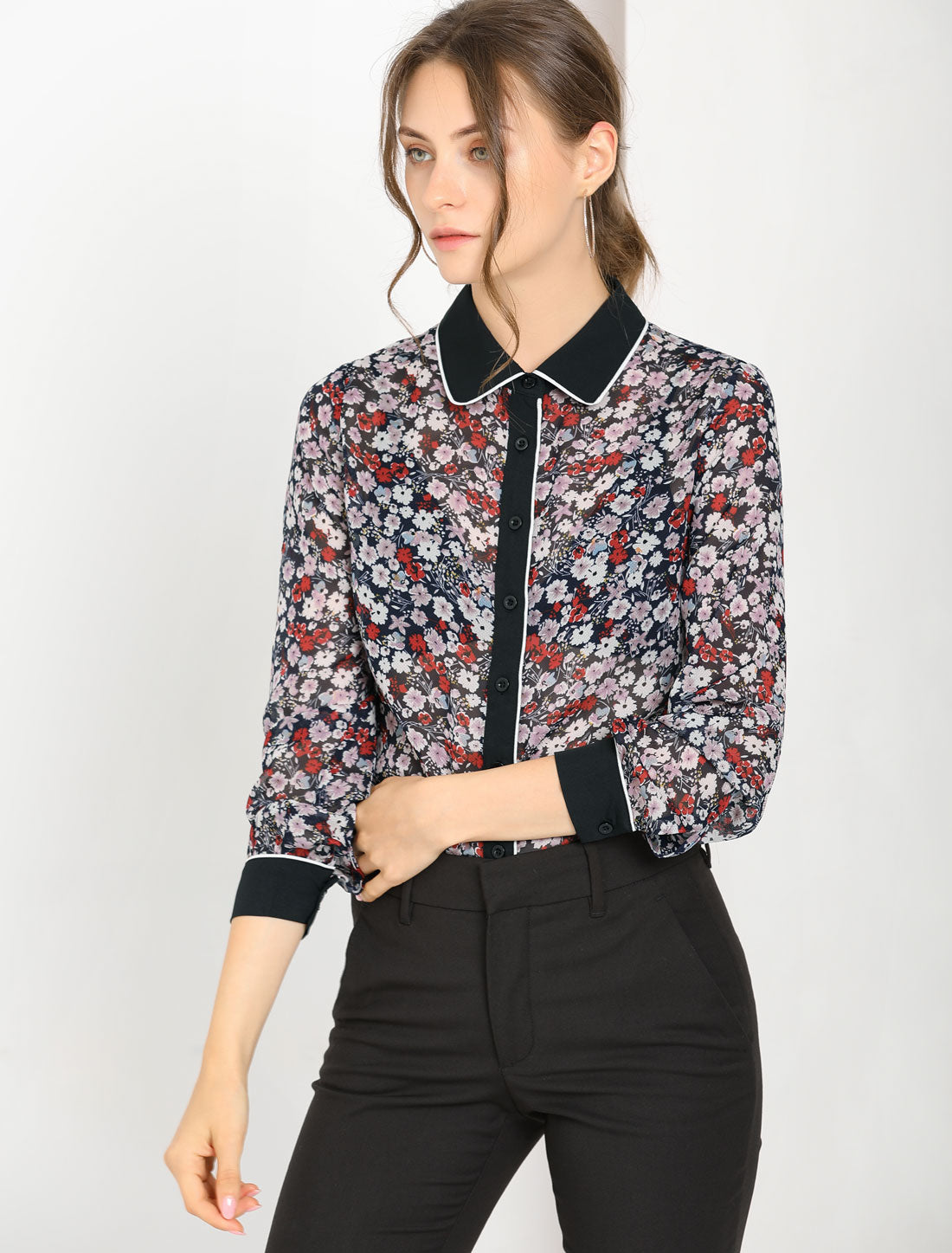 Allegra K Button Down Shirt Long Sleeve Contrast Collar Floral Blouse Top