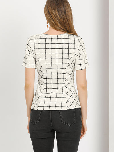 Summer Square Neck Check Stretchy Plaid Short Sleeve Blouse