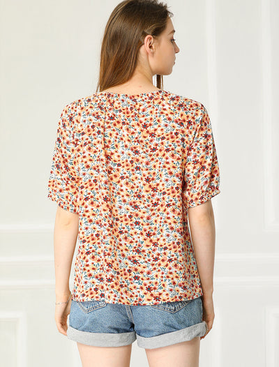 Floral Print Round Neck Peasant Casual Puff Short Sleeve Blouse