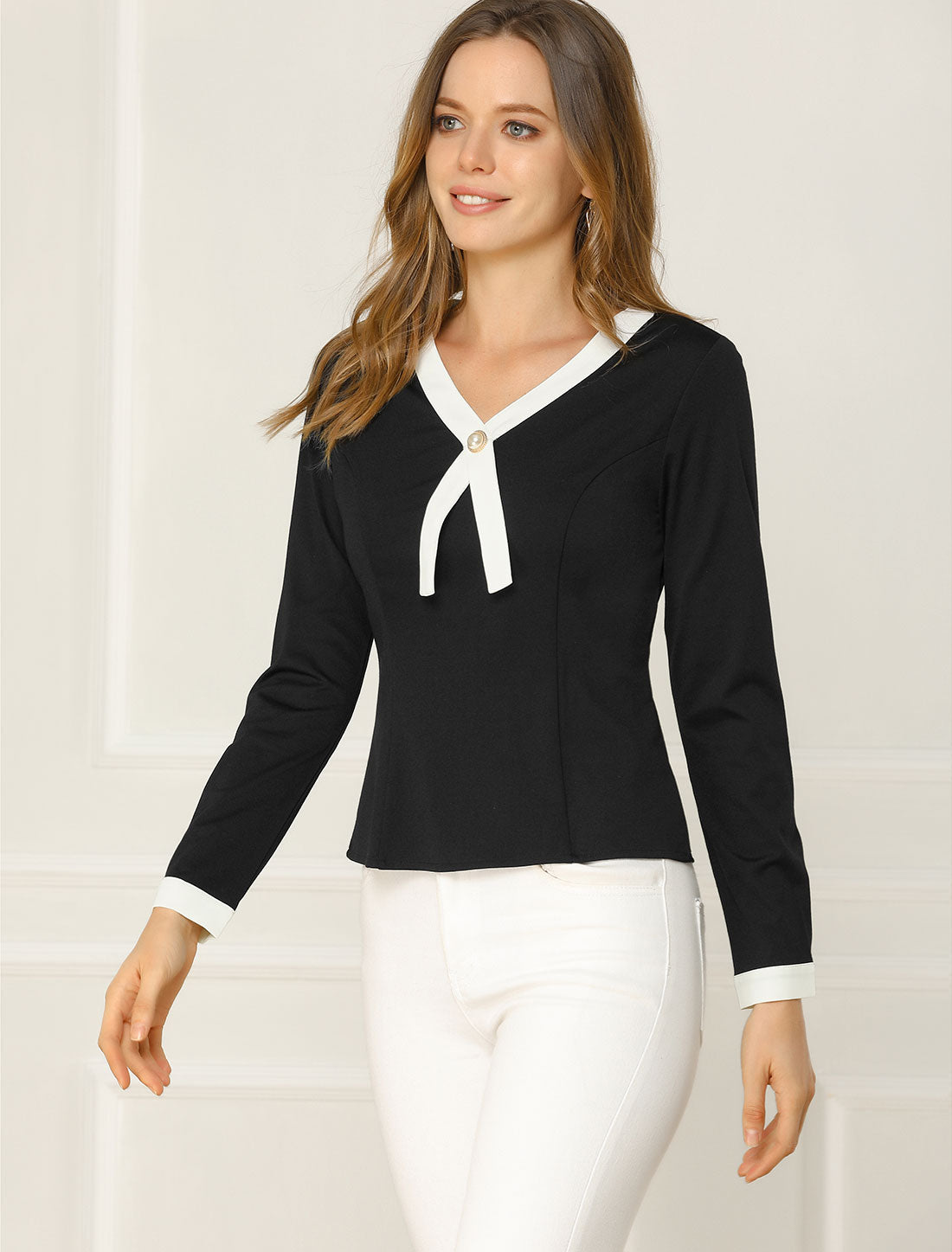 Allegra K Contrast Trim V Neck Long Sleeve Casual Office Blouse Top