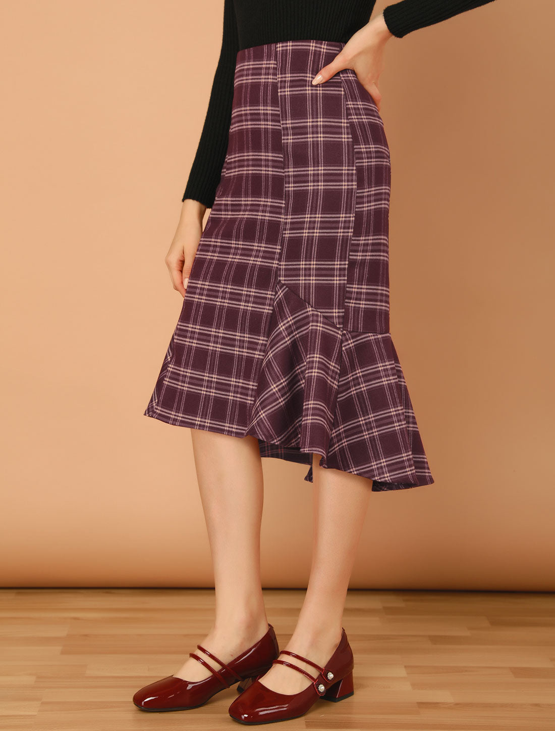 Allegra K Plaid Asymmetric Ruffle Hem Vintage Fishtail Midi Skirt