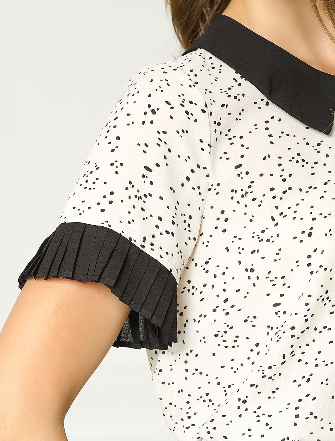 Allegra K Contrast Doll Collar Polka Dots Tops Short Sleeve Blouse