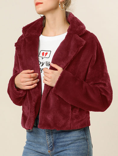 Allegra K Cropped Jacket Notch Lapel Faux Fur Fluffy Coat