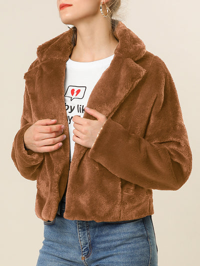 Allegra K Cropped Jacket Notch Lapel Faux Fur Fluffy Coat