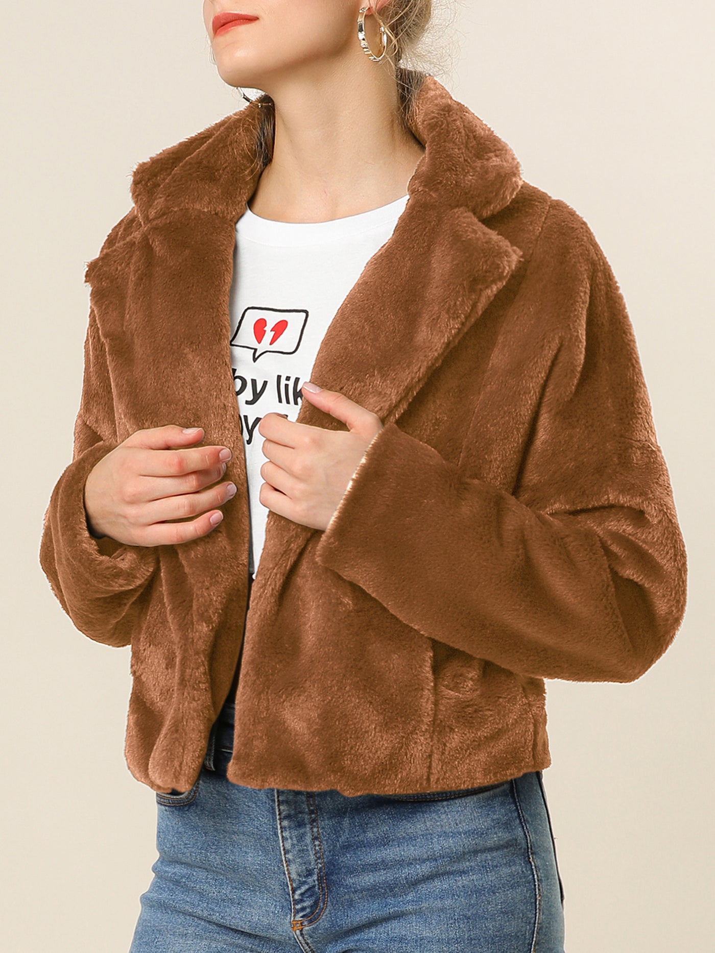 Allegra K Allegra K Cropped Jacket Notch Lapel Faux Fur Fluffy Coat