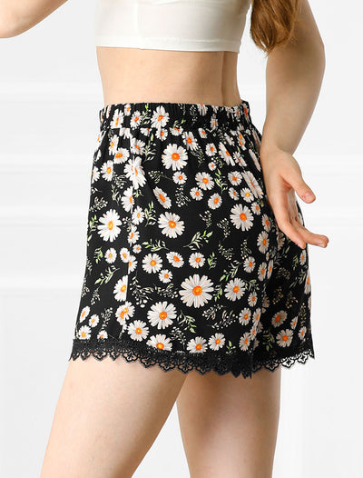 Women's Summer Shorts Floral Printed Lace Trim Elastic Waist Beach Shorts