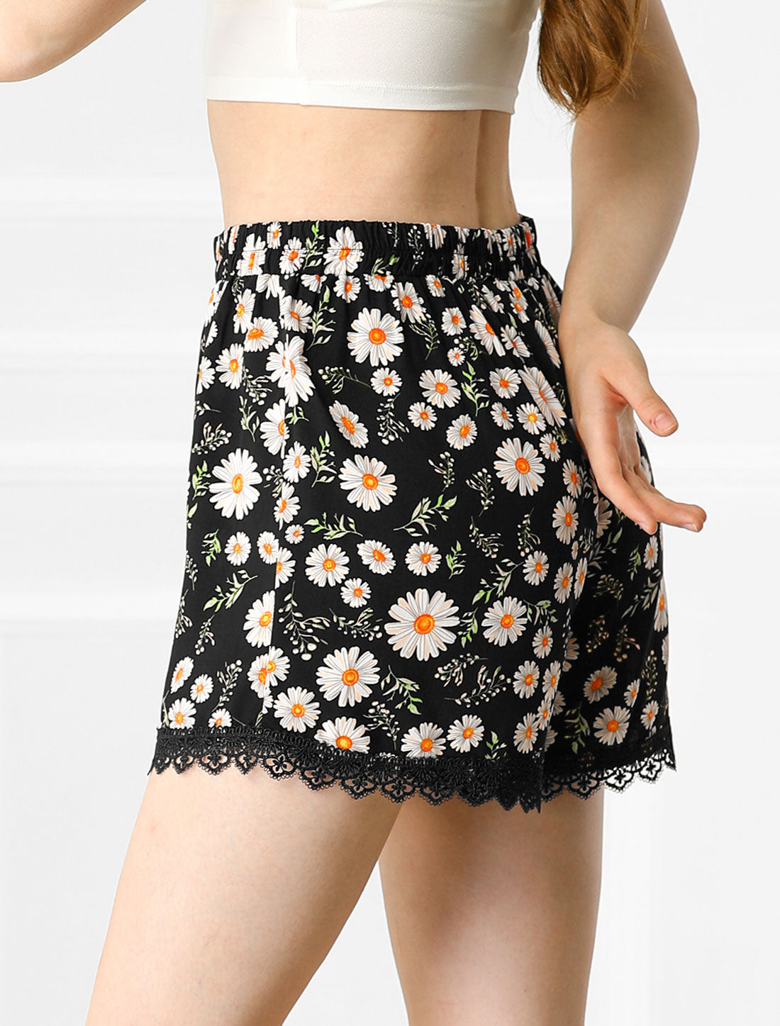 Allegra K Women's Summer Shorts Floral Printed Lace Trim Elastic Waist Beach Shorts