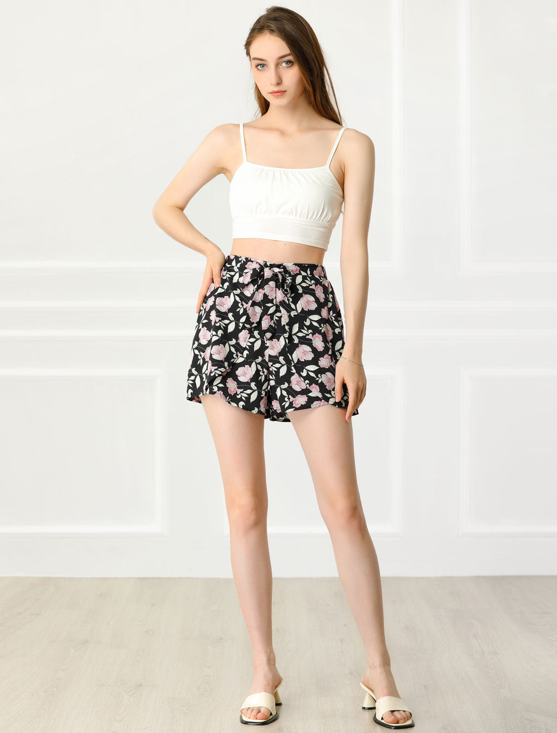 Allegra K Summer Beach Casual Elastic Waist Wide Leg Floral Shorts