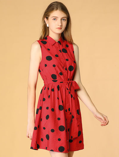 Polka Dots Button Down Tie Waist Sleeveless Shirt Dress