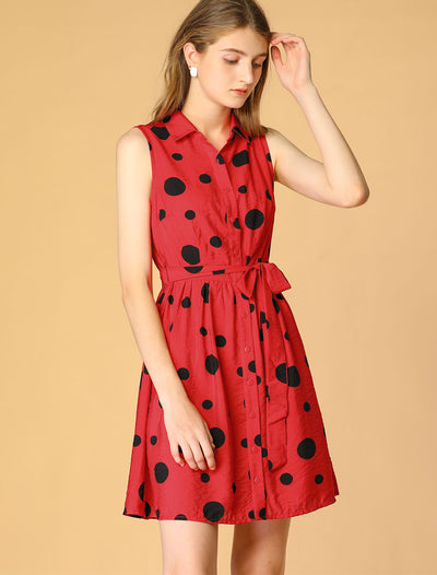 Polka Dots Button Down Tie Waist Sleeveless Shirt Dress Sundress