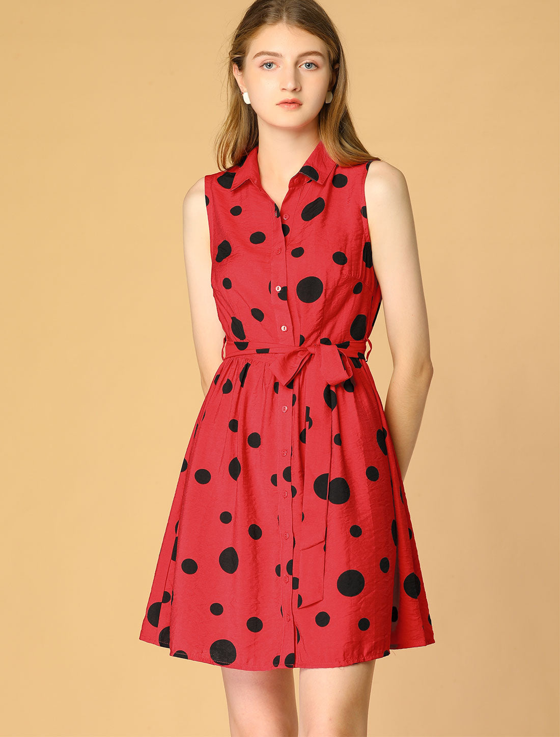Allegra K Polka Dots Button Down Tie Waist Sleeveless Shirt Dress Sundress