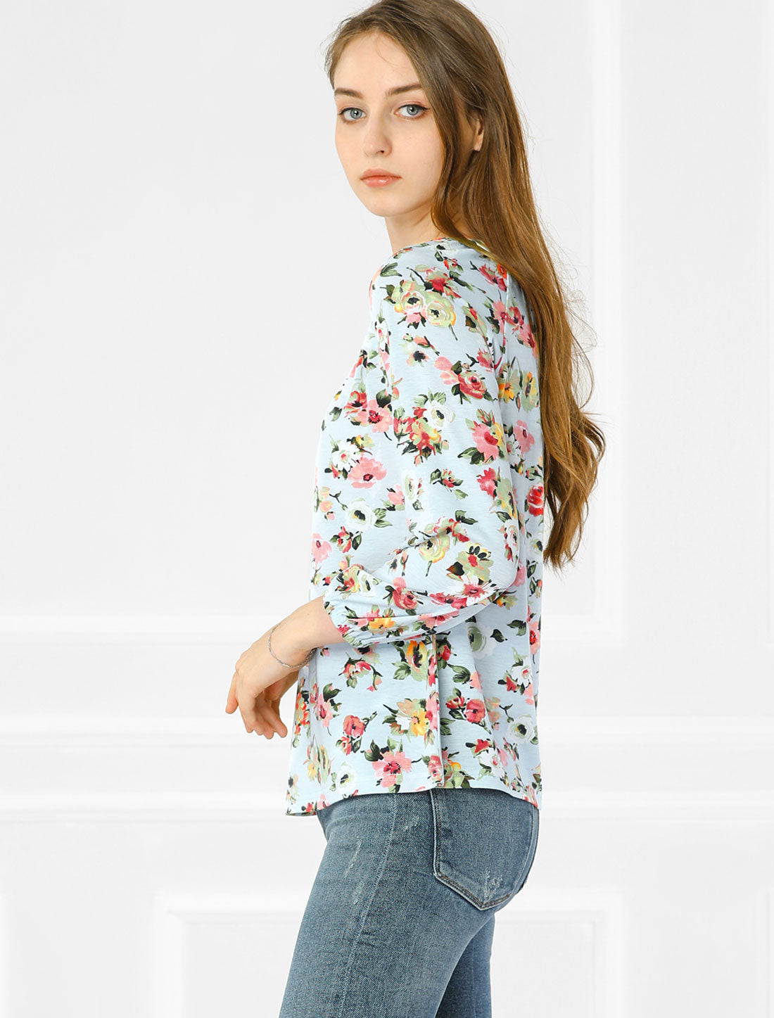 Allegra K Casual V Neck Shirt Fall Floral Blouse Top