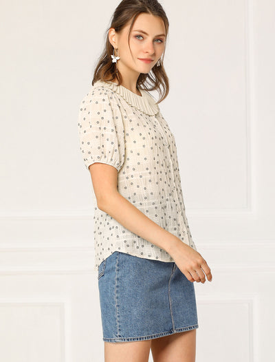 Button Down Short Sleeve Shirt Pleated Collar Floral Blouse