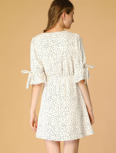V Neck Drawstring Waist Short Sleeve A-line Floral Dress