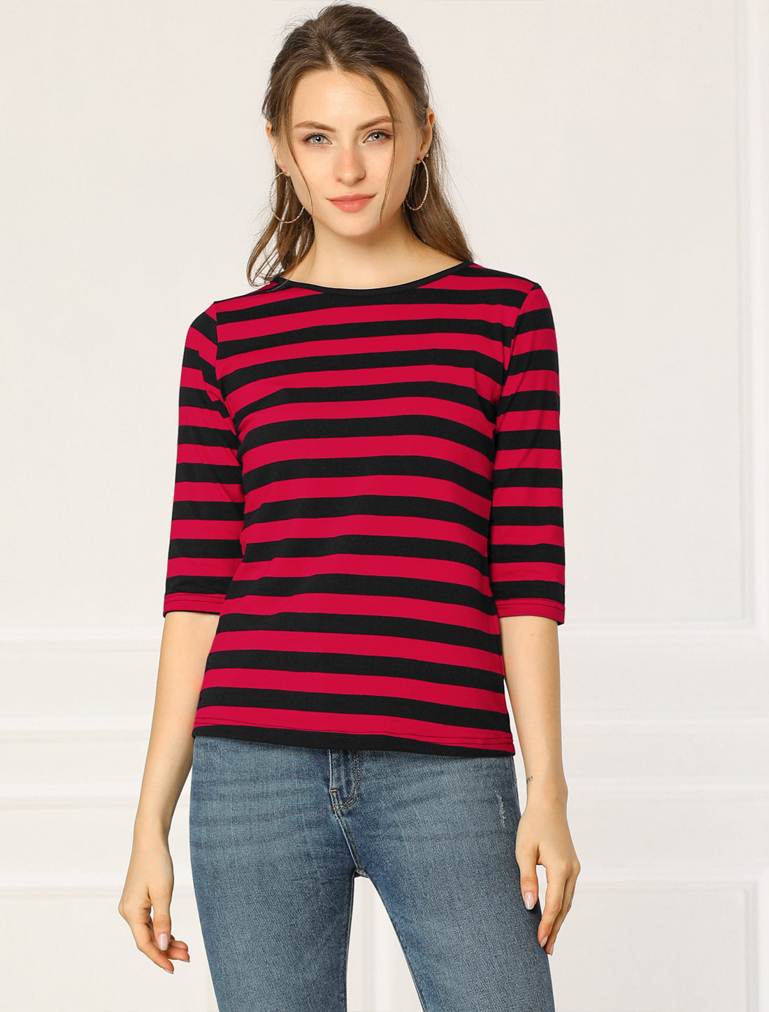 Allegra K Casual Elbow Sleeve Round Neck Striped Printed T-Shirt
