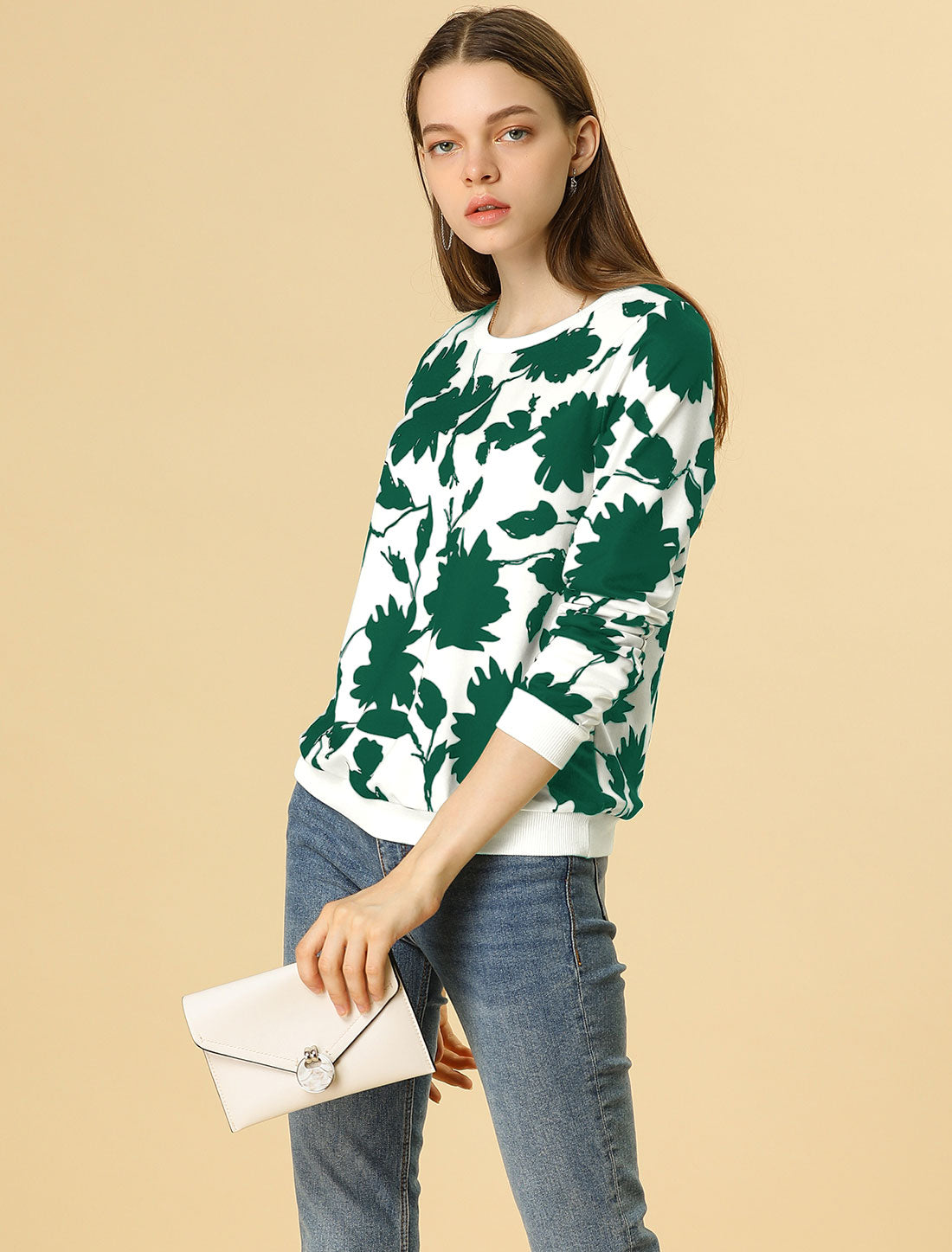 Allegra K Floral Leaf Print Long Sleeve Casual Pullover Sweatshirt