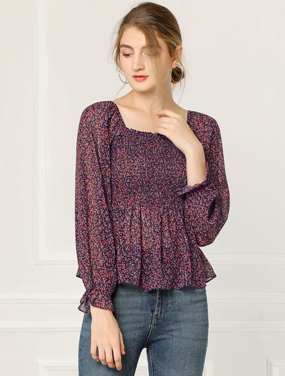 Smocked Floral Printed Square Neck Chiffon Peplum Blouse Top