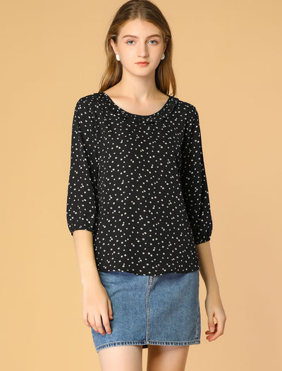 Floral DotsTop Ruffled Neck 3/4 Sleeve Spring Summer Blouse