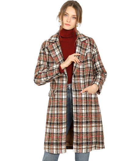 Allegra K Tweed Thick Check Belted Tie Waist Plaid Wrap Coat with Pockets
