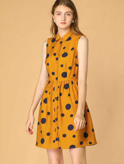 Polka Dots Button Down Tie Waist Sleeveless Shirt Dress