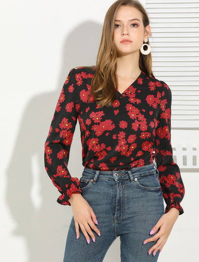 Floral Print Puff Shoulder Ruffle Cuff Long Sleeve V Neck Blouse