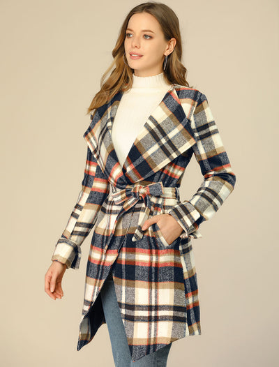 Belted Wrap Outerwear Shawl Collar Asymmetric Hem Plaid Coat