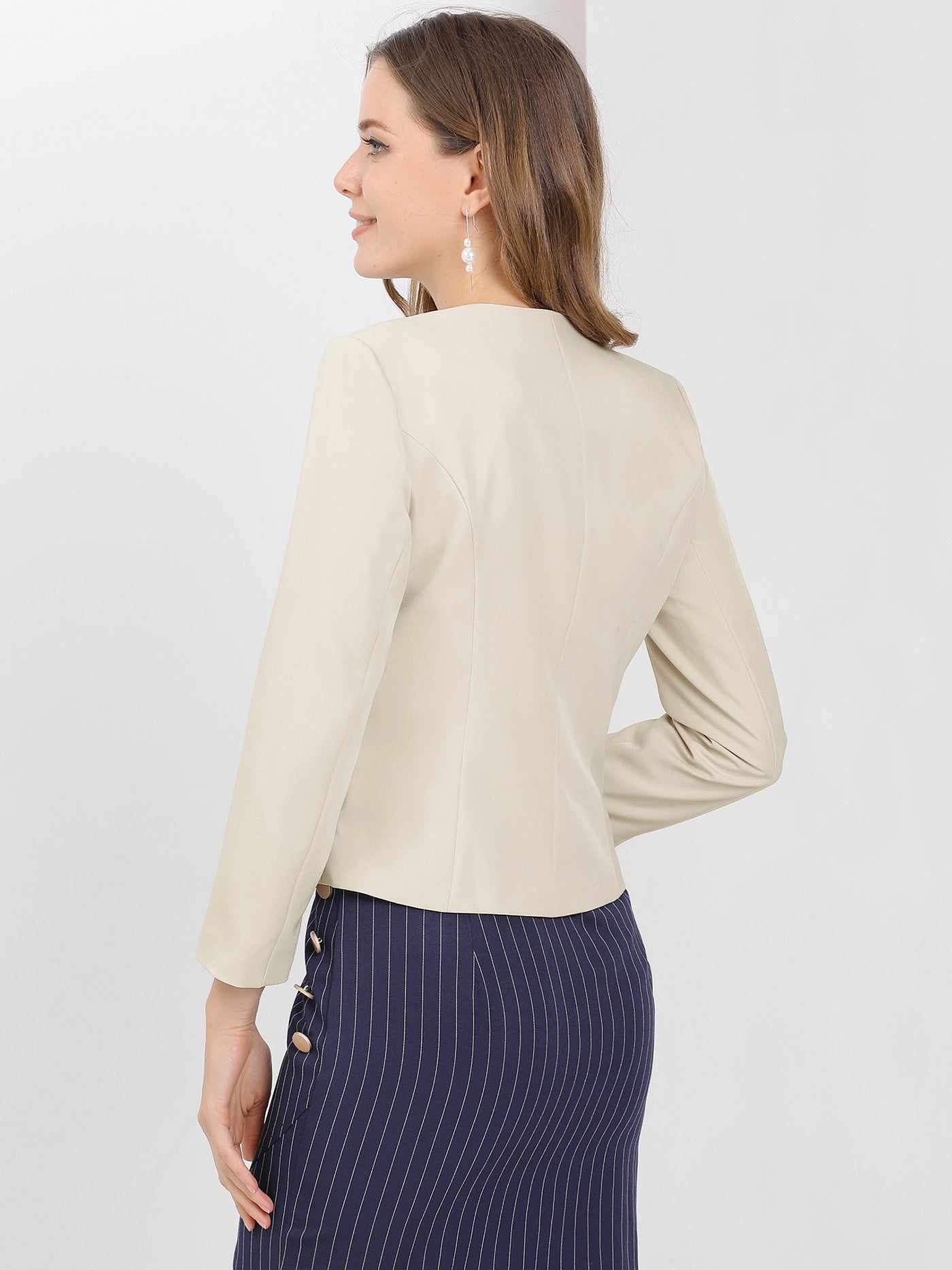 Allegra K Crop Collarless Blazers Suit Zip Decor Work Office Jacket Blazer